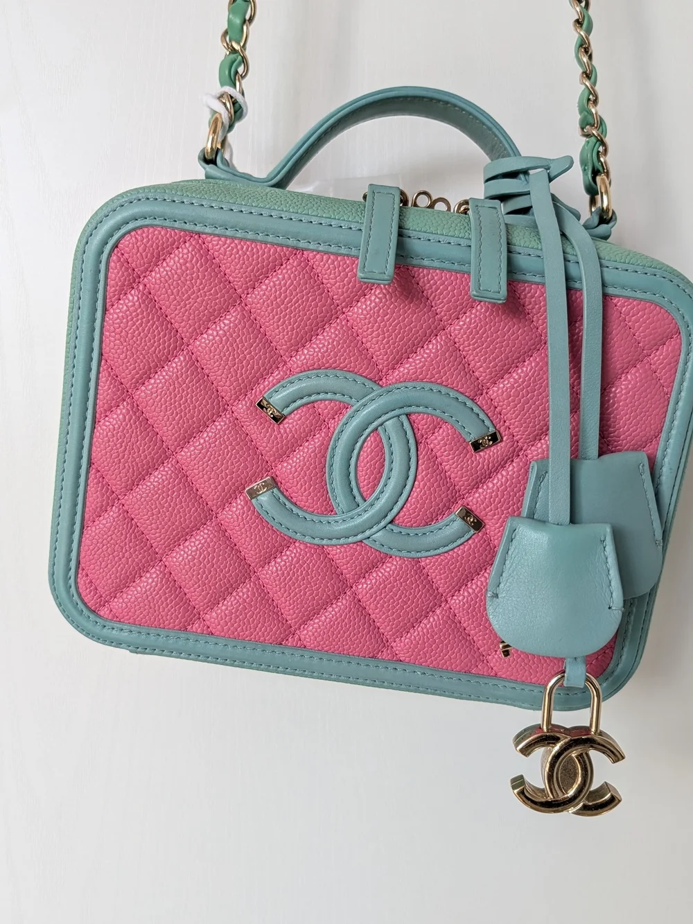 Chanel Caviar Quilted Medium CC Filigree Vanity Case Pink Green Blue